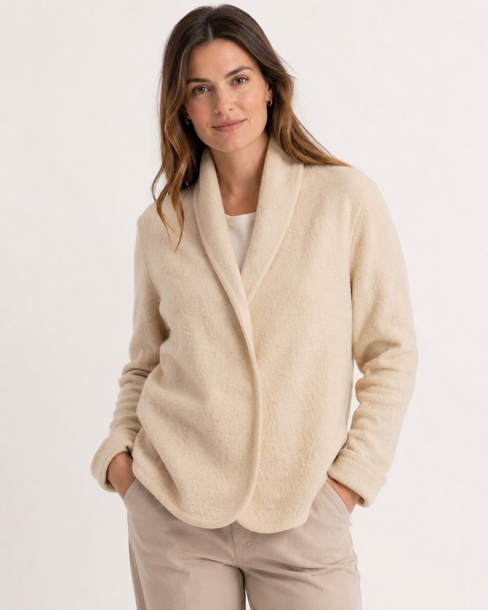 Kasper Women’s L 100% Wool Cream Ivory Shawl Collar Open Front Cardigan Jacket